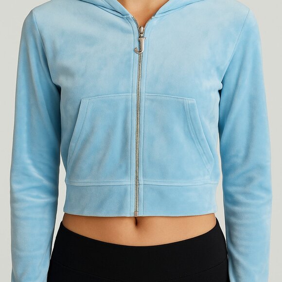 Juicy Couture Blue Velour Crop Zip Hoodie J Pull Rhinestone Logo Lounge Small - Picture 2 of 11
